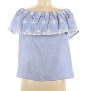 Love stitch off the shoulder embroidered crepe top blue